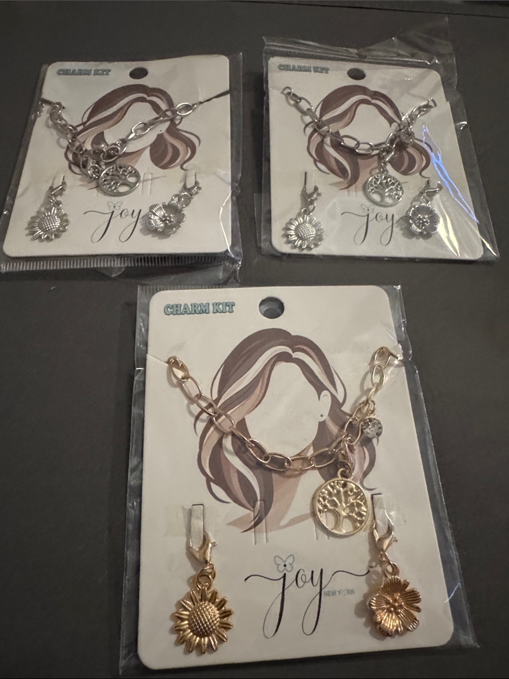 New (3) Silver-Tone and gold tone Tree of Life & Floral Charm Bracelets